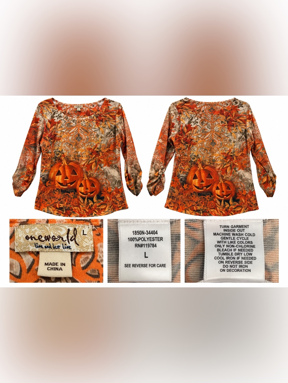 One World Halloween Pumpkin Print Long Sleeve Top, Size L